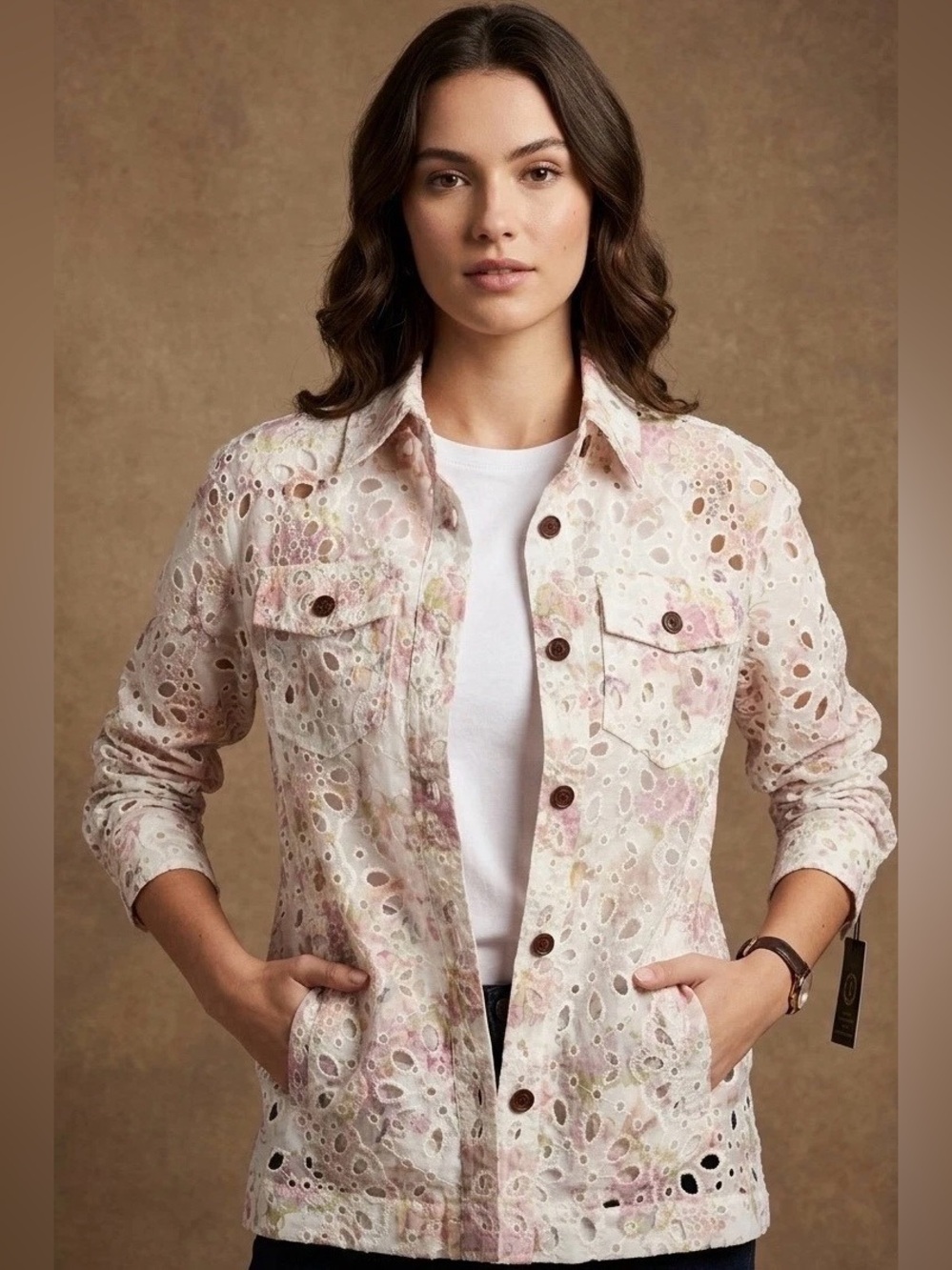 kathy ireland Cream Floral Eyelet Jacket with Pink Accents